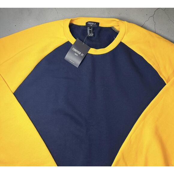 Forever 21 Men's Navy and Yellow Colorblock Sweatshirt - Picture 2 of 5